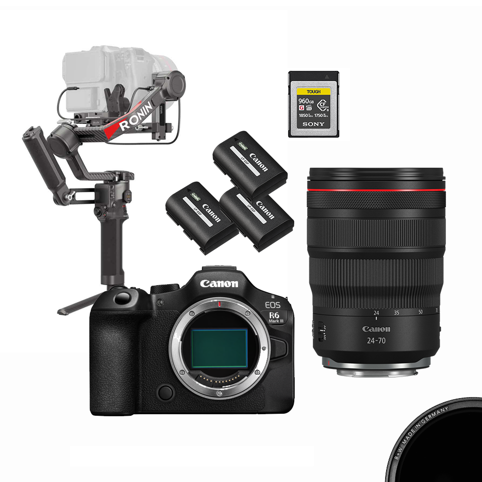 Canon Filmset mit der Canon EOS R6 Mark III mieten Canon Filmset - Canon EOS R6 Mark III + Canon RF 24-70mm F2.8L IS USM + Gimbal, Mikrofon & Zubehör – Bild 1